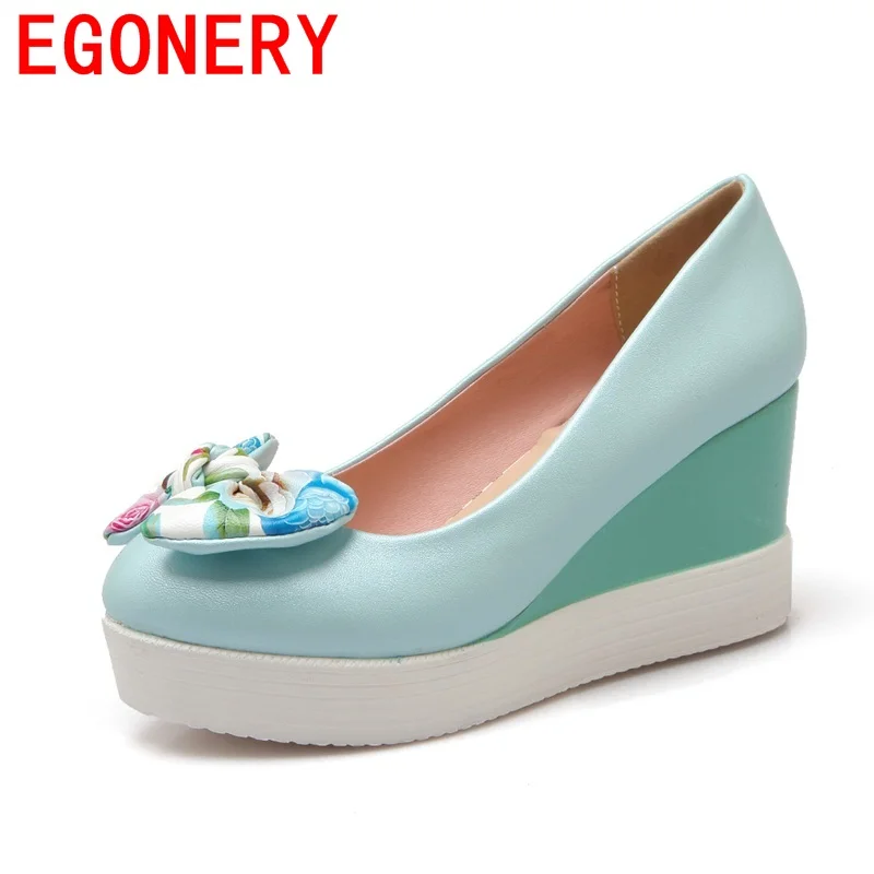 

EGONERY 2018 hot sale flower sweet round toe butterfly-knot slip-on convenient pumps high wedges heels women spring shoes