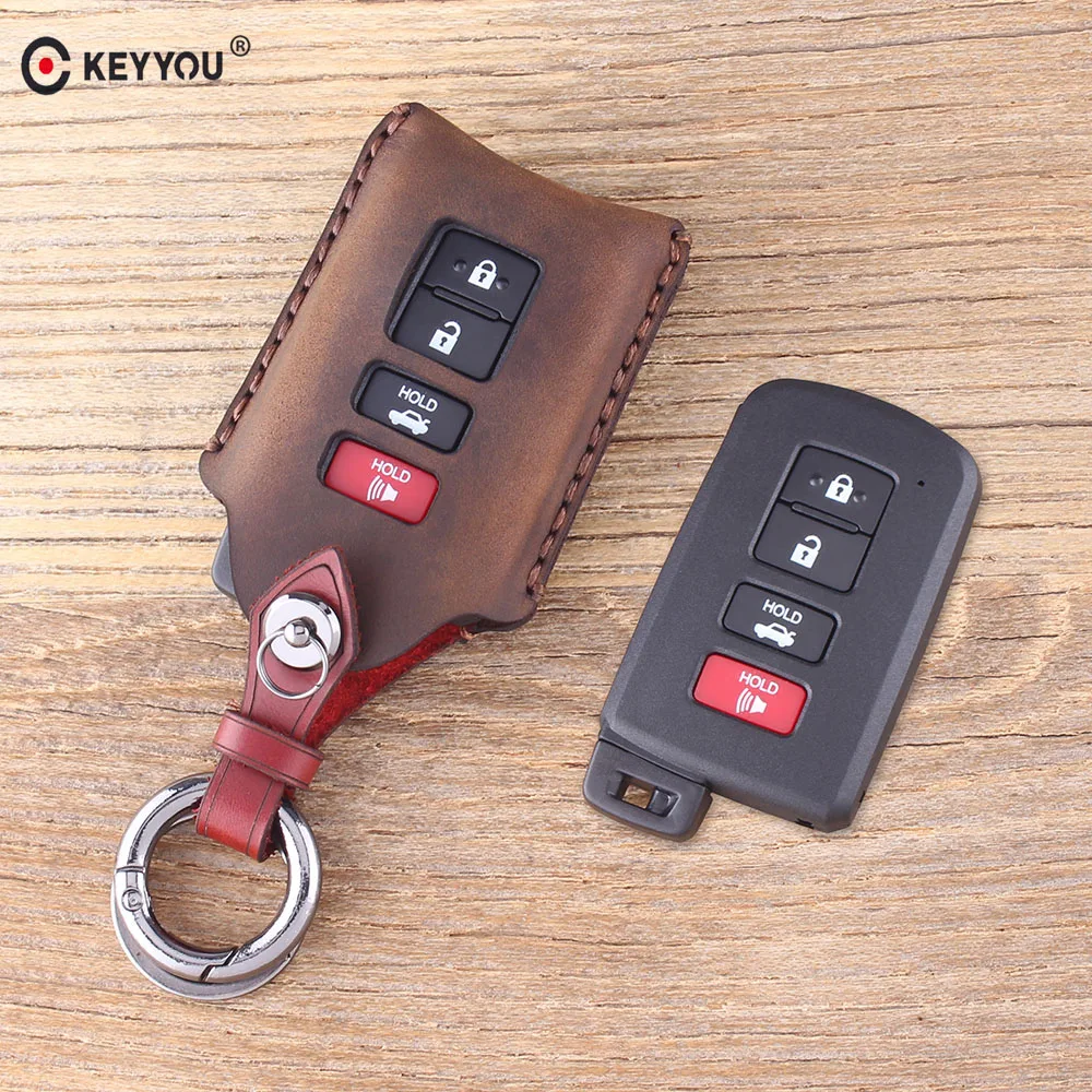 

KEYYOU Genuine Leather Remote Car Key Case Fob Cover For Toyota RAV4 Avalon Camry 4 Buttons Key Keychain Holder Case