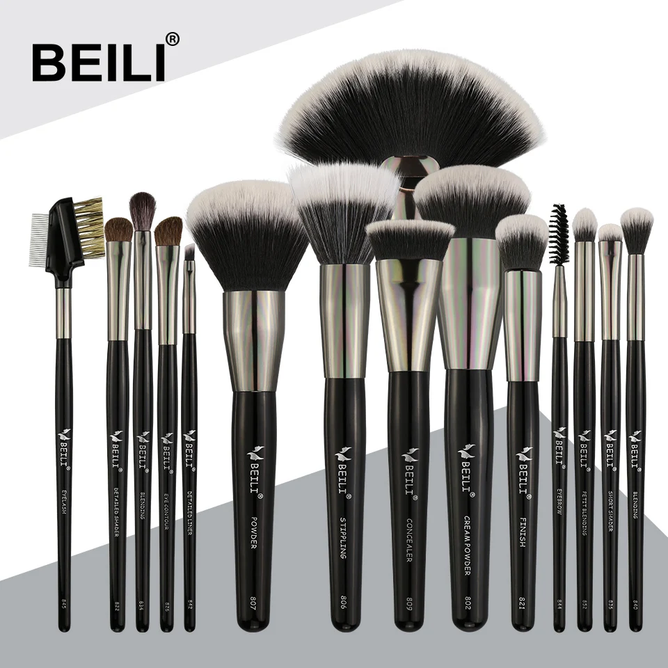 BEILI роскошный черный Профессиональный набор кистей для макияжа, Большие кисти, основание веера для пудры, контур, натуральные кисти для макияжа