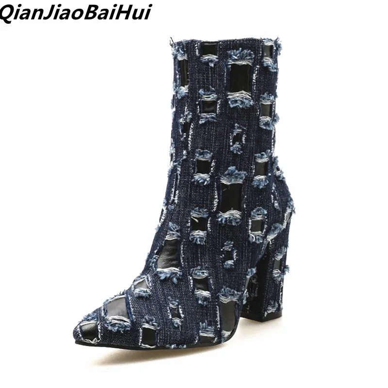 

2019 Street beat beggar boots Denim Block Motorcycle boots women high heels booties match beggar jeans shoes pumps point heels
