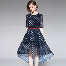 Dress Summer Women 2019 New Fashion Vintage Polka Dot Round Neck Short Sleeves French Style Slim Elegant Irregular Dress Midi Dress Summer Women 2019 New Fashion Vintage Polka Dot Round Neck Short Sleeves French Style Slim Elegant Irregular Dress Midi