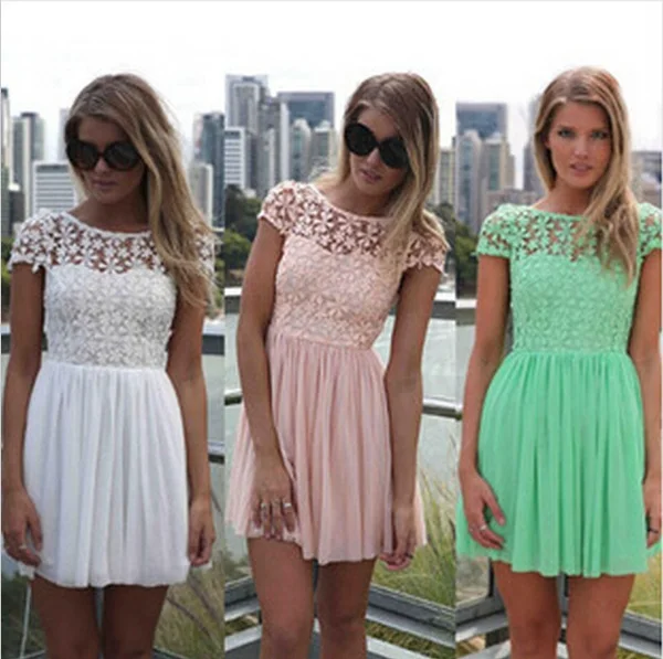 2018 New Women Dress Summer Lace Crochet Pleated Chiffon O-Neck Mint Green Cute 4Colors Free Shipping | Женская одежда
