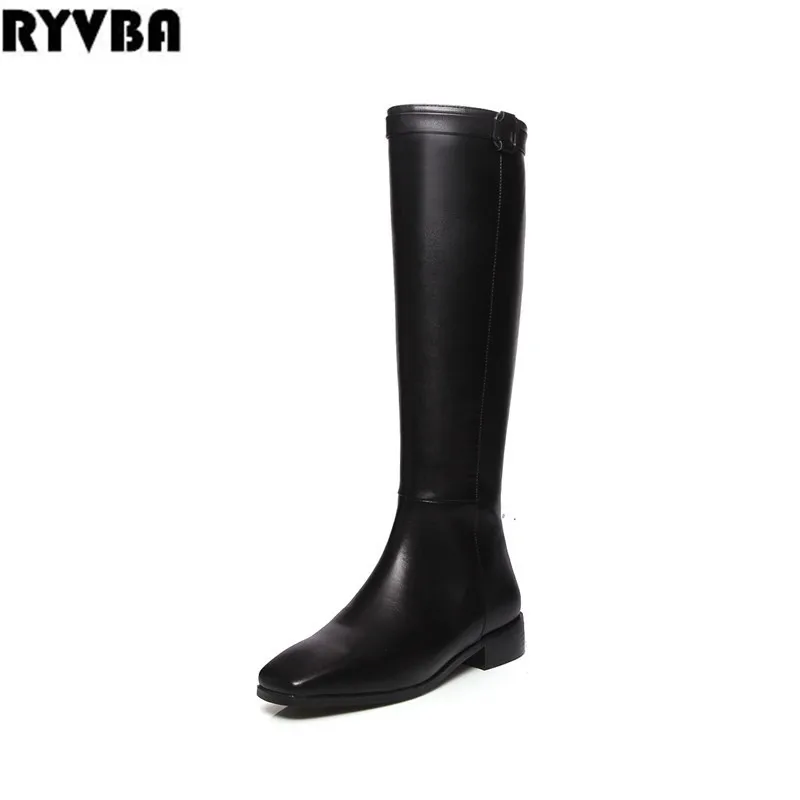 

RYVBA 2018 women genuine leather thigh high boots womens winter autumn knee high boots black buckle square low heels woman shoes