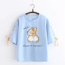 Забавная Милая футболка с изображением собаки корги, летняя женская футболка с коротким рукавом, японская женская футболка с лентой