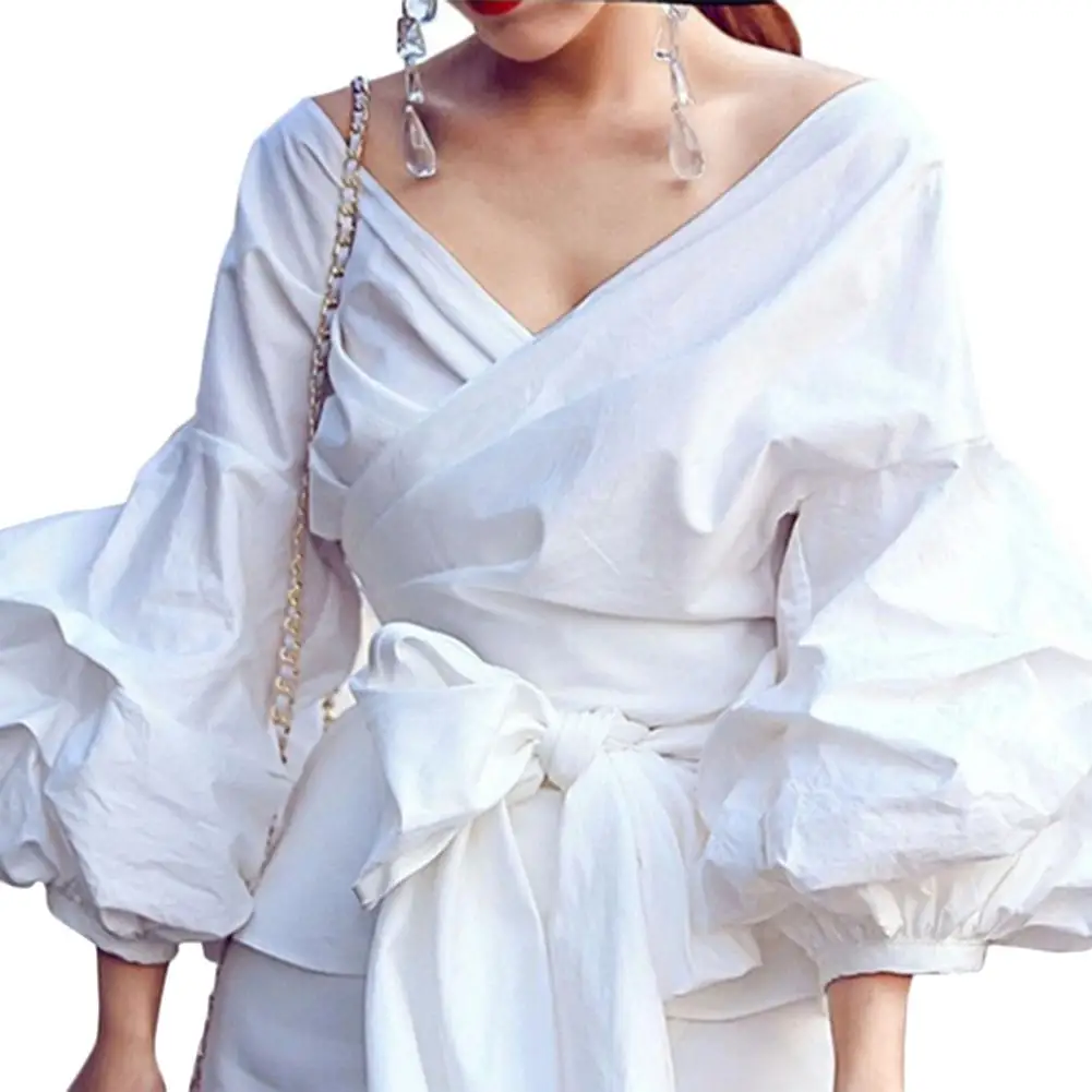 

Women Solid Color Deep V Neck Puff Sleeve Blouse Bow Tie Casual Short Shirt Top
