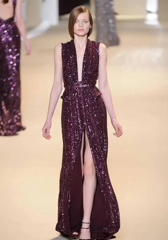 Elie_Saab фиолетовые вечерние платья, сексуальные, глубокий v-образный вырез, длина до пола, со шлейфом, с блестками, Кружевное облегающее платье с высоким вырезом, платья знаменитостей