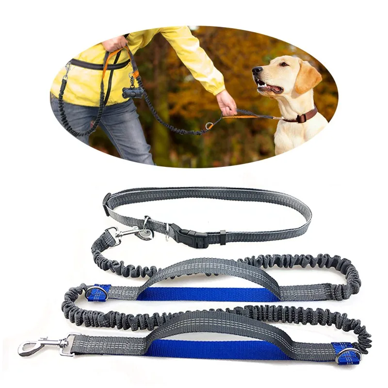 Hands Free Dual Handle Reflective Dog Leash Training Retractable harness for Running Bungee