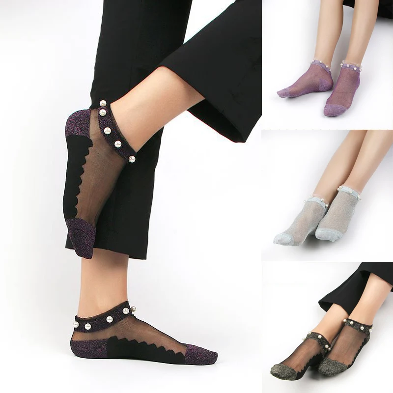 

hot New Arrival 2018 1Pair Spring Anti - hook Crystal Silk Girl Pearl Low Help Shallow Mouth Socks Summer Comfortable