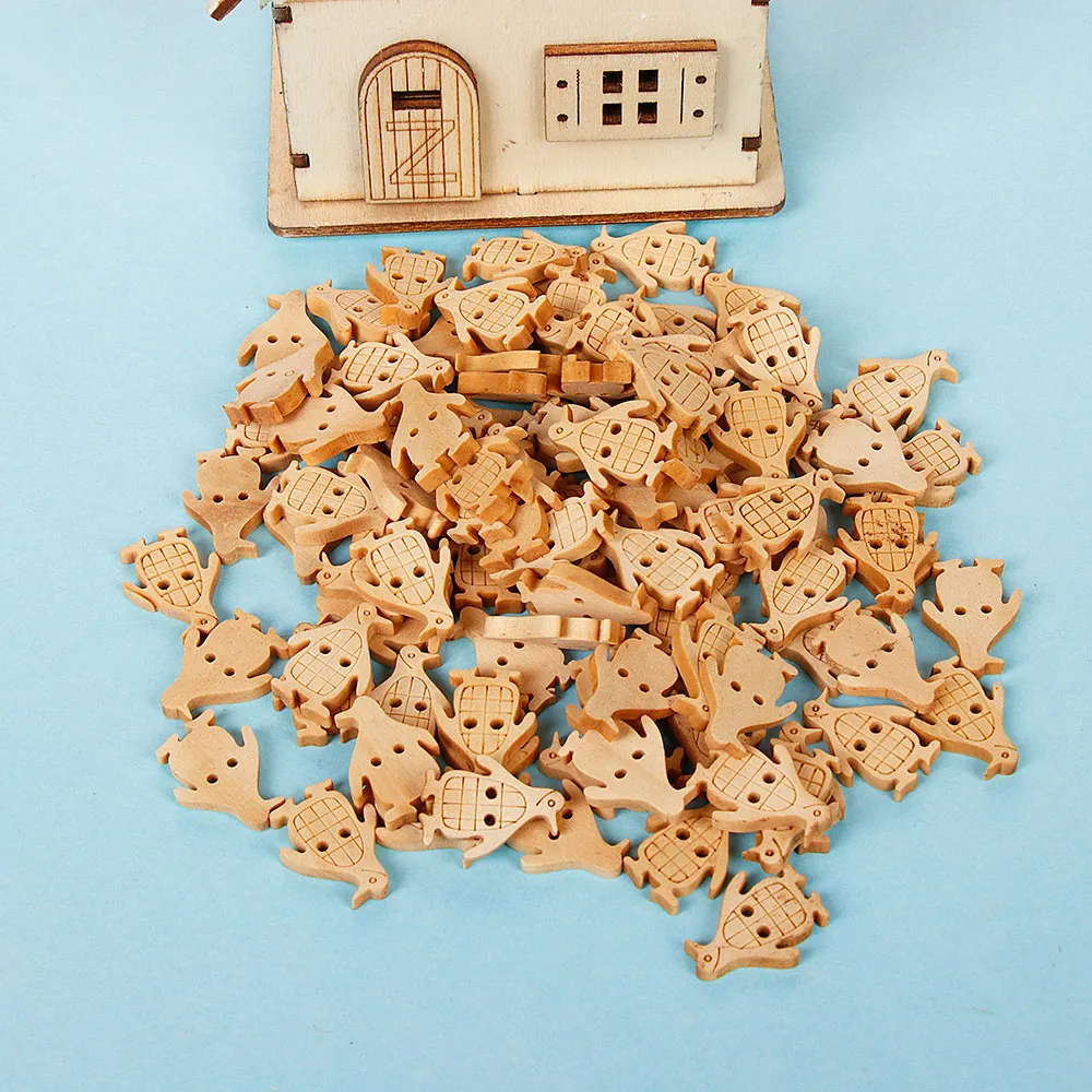 

100pcs/set Cartoon Decorative Wood Buttons 2 Holes Penguin Frog Sewing Nature Wooden Buttons Scrapbooking DIY Crafts