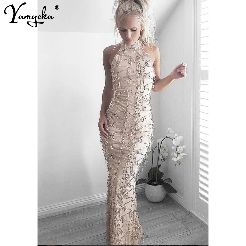 

sexy Gold sequin tassel long dress Women evening casual party summer dress Elegant mesh bodycon maxi dresses vestido clothes New