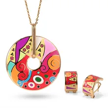 Mujer de Acero inoxidable Sistemas de La Joyería de La Vendimia Elegante Colorido de la Flor Chapado En Oro de La Joyería de Esmalte (Collar, pendiente) OSS-068