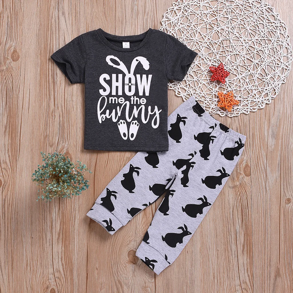 Easter Kids Baby Boy Cartoon Letter Rabbit  Print T Shirt Pant 2PC Outfits Abbigliamento Bambine Ubrania Dla Dziewczynek