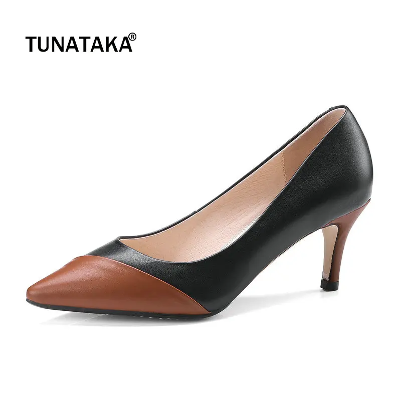 

Genuine Leather Mixed Color Thin Heel Woman Lazy Pumps Fashion Pointed Toe Dress High Heel Shoes Woman Black White