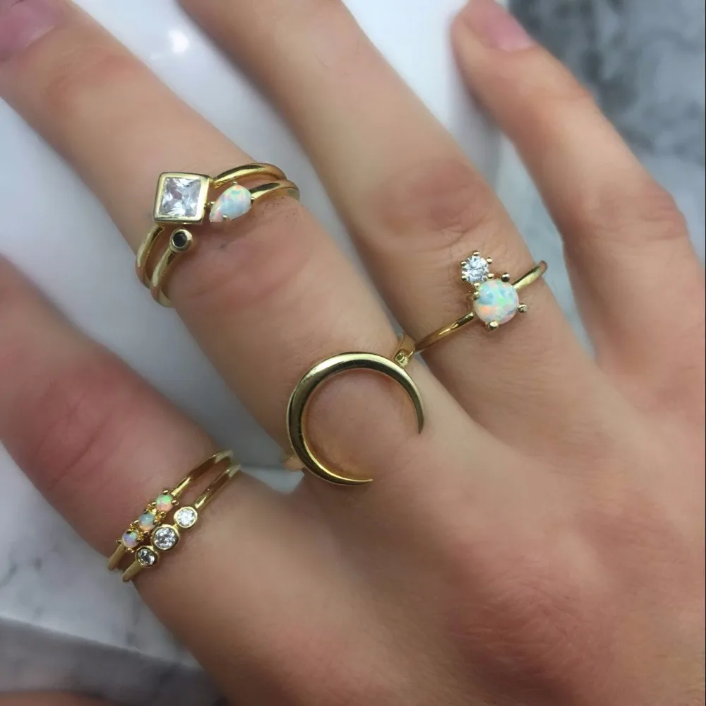 

2018 Gold color stack full finger delicate rings minimalist opal white cz stone thin band dainty cute girl women fashion ring