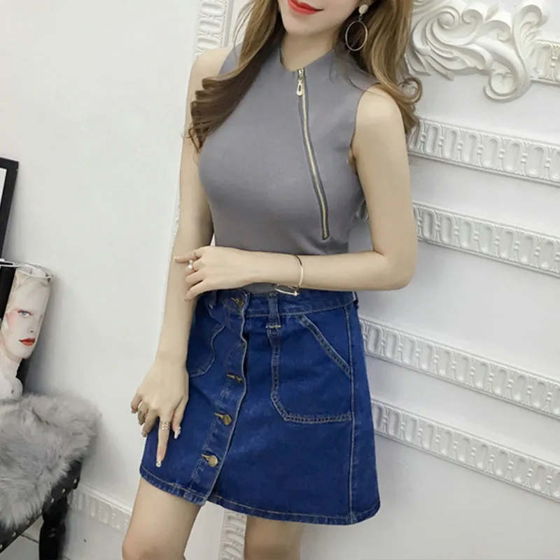 

Women tops Summer Fashion Concise Casual Slim top women Fit All-match Striped Zipper Round Collar Camisole Top