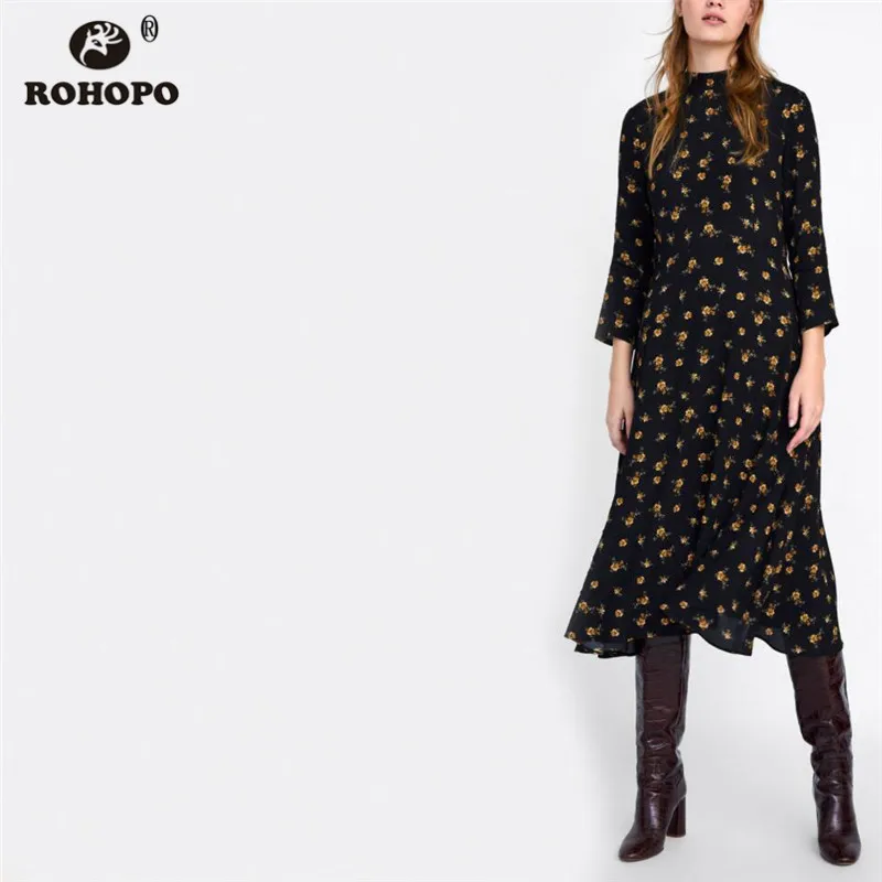 ROHOPO/осеннее платье средней длины с длинными рукавами и принтом маргариток черное