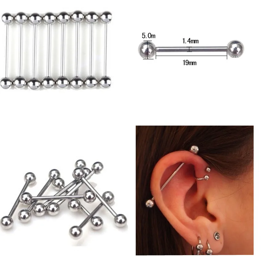 

10 pcs/lot Tongue Nipple Ear Rings Bars Barbell ball Labret Bar Tragus Ear Body Piercing Wholesale Jewelry Lip Rings 19mm