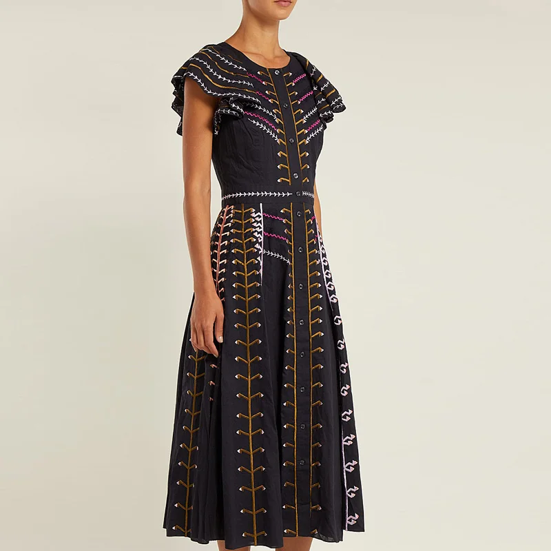 

XF 2019 Spring And Summer Fashion Designer Women'S Dress Vintage Ruffle Short Sleeve Medium Long High Waist Dress