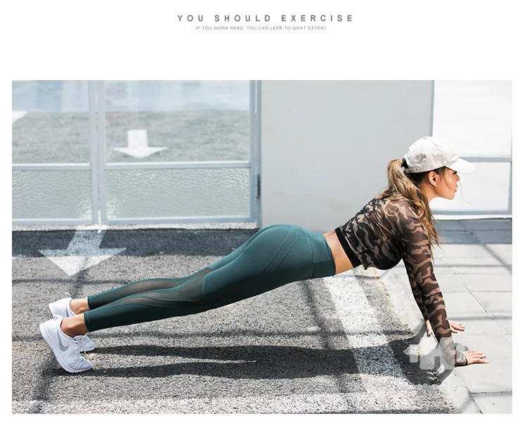 Women Sexy Sports Top Yoga Shirts Fitness Crop Long Sleeve tee camouflage see-through look Running T- shirt Gym Sportswear