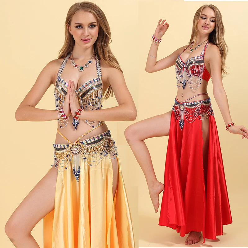 Professional Belly Dance Costume Beaded sets 2pcs set Bra Top Belt Size S M L