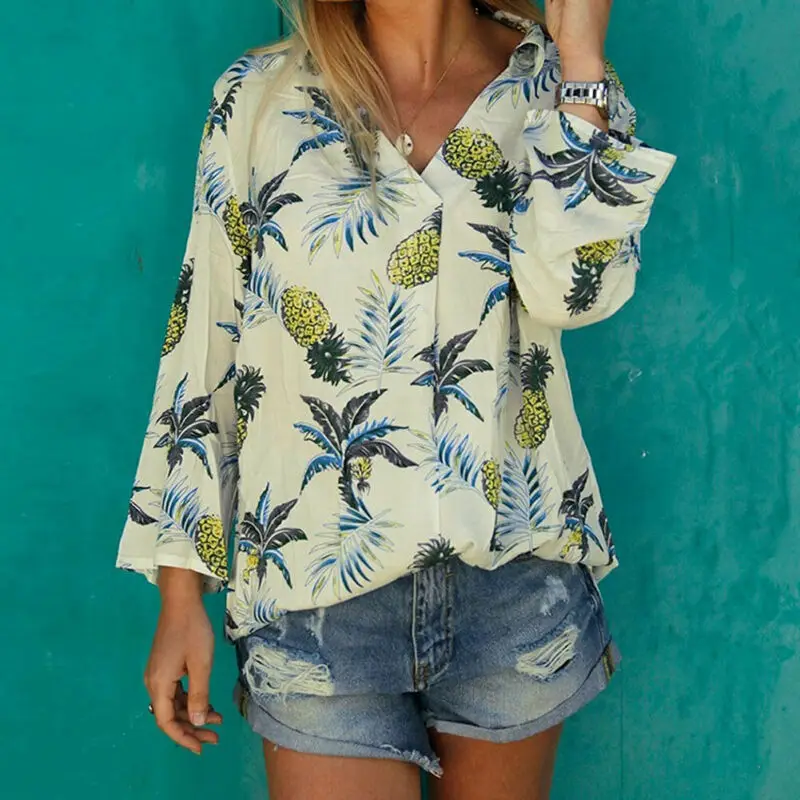 Harajuku Summer New Sexy Hawaiian Beach Vacation Pineapple Printed Shirts Woman Wild Long-sleeved V Cut Collar Fruit Blouses