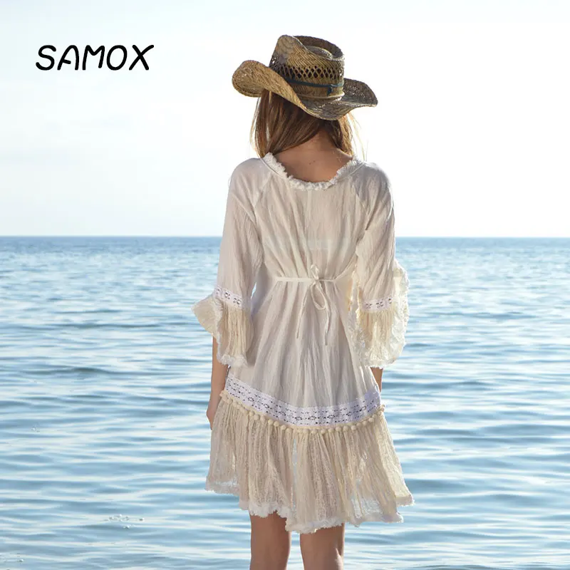 JSMY 2019 Beach White Dress New Summer Fashion Women Sexy Tassel Lace Splicing