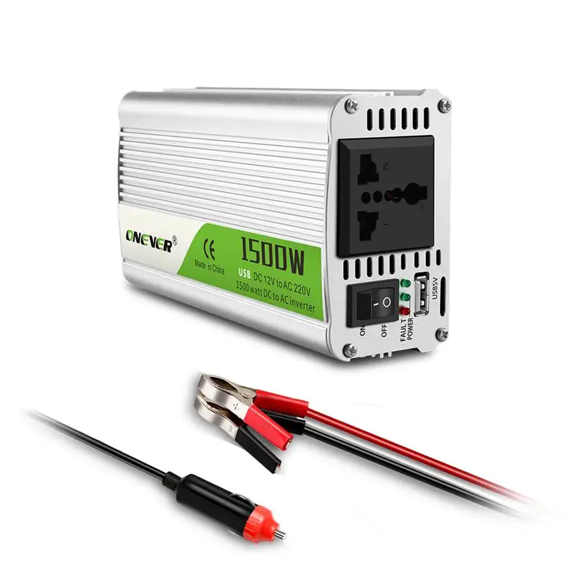 

Onever Car Inverter 1500W DC 12V To AC 220V Power Converter With LED Indicator Light Cigarette Lighter Outlet Buzzer Alarm