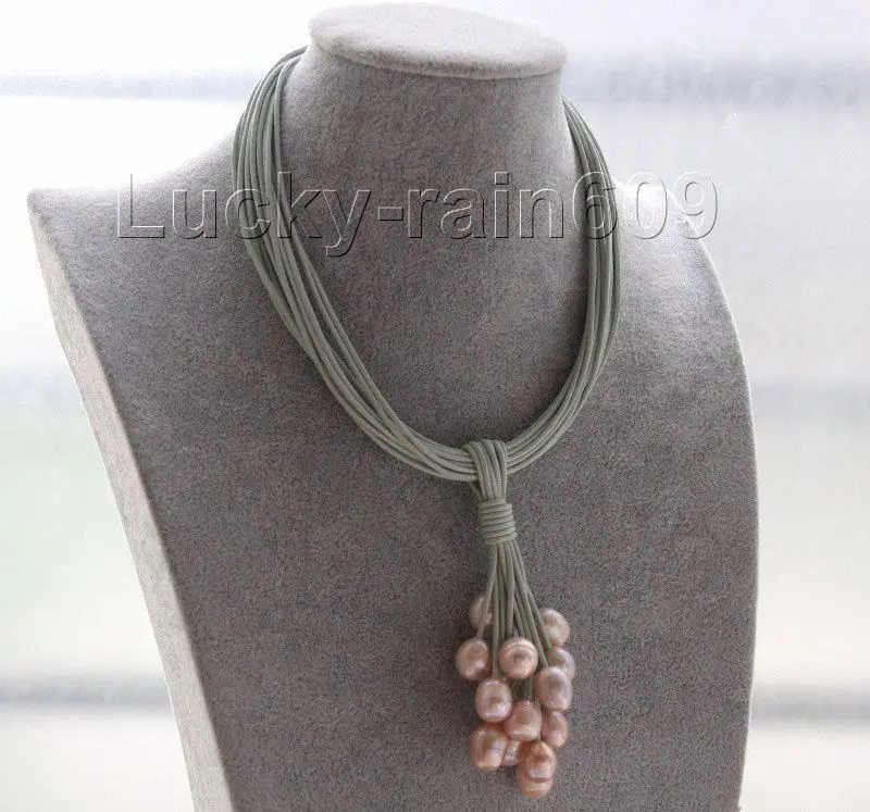 

16" 15row 14mm pink-purple pearls gray leather necklace magnet clasp e2314