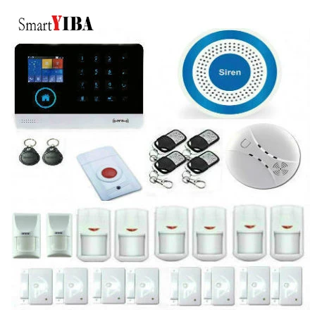 

SmartYIBA APP Control Home Security Wireless 433MHz Sensor Alarm With Fire/Smoke Alarm Blue Flash Siren GSM WIFI Alarm System