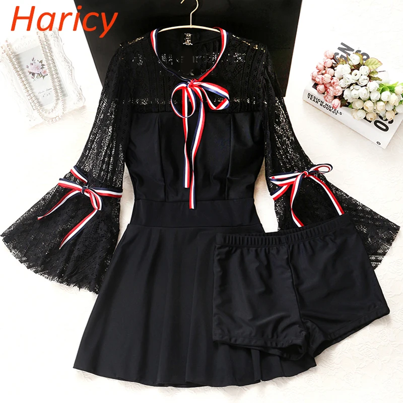 

2018 New Black Long Sleeve One Piece Swimsuit Swimwear Swimming Suit For Women Cross Bandage Bathing Suit Beach Dress Swimsuit