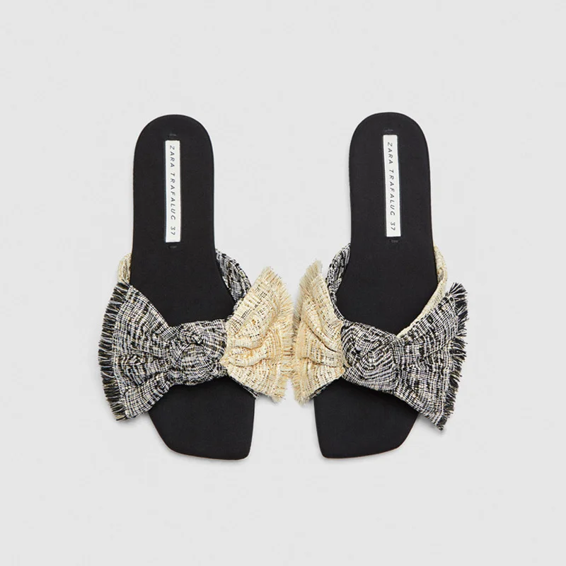 

Beach Style Women Slides Summer Fashion Bow Tie Hemp Slippers Women Outdoors Holiday Shoes Women Sandals Flat Zapatos De Mujer