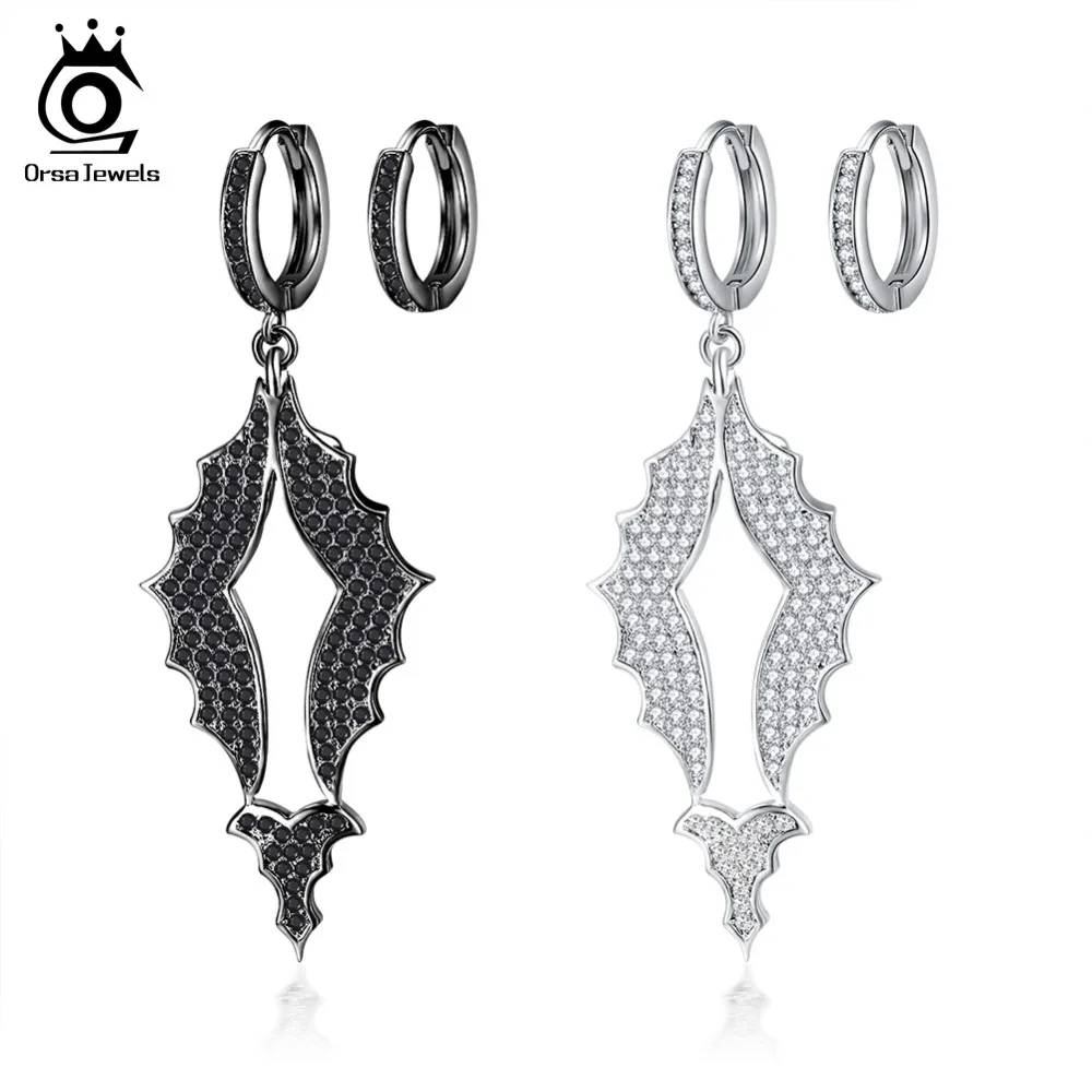 

ORSA JEWELS Original Hoop Earrings Clear Black Color Shiny AAA CZ Bat Wing Pattern Girl Earring Girls Party Jewelry OE198