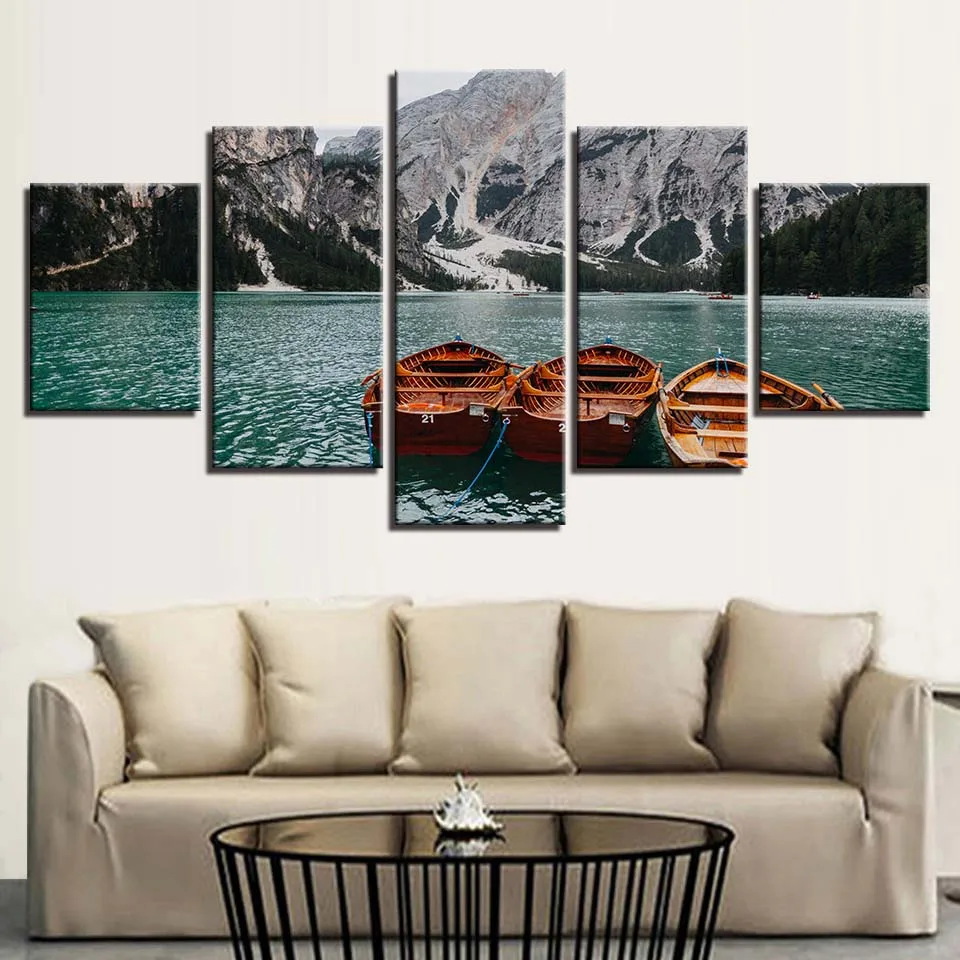 

Art HD Printed Poster Modular Frame Home Decor Painting 5 Panel Mountain Ship Seaview For Living Room Wall Canvas Pictures