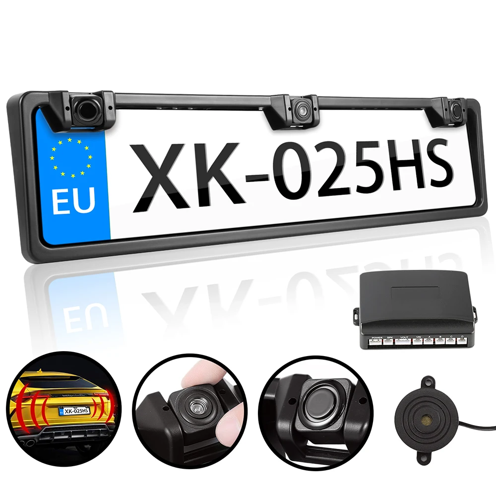 Auto Rearview System European License Plate Video Parking Sensor Reversing Radar with HD Rear View Backup Camera No Drill Holes