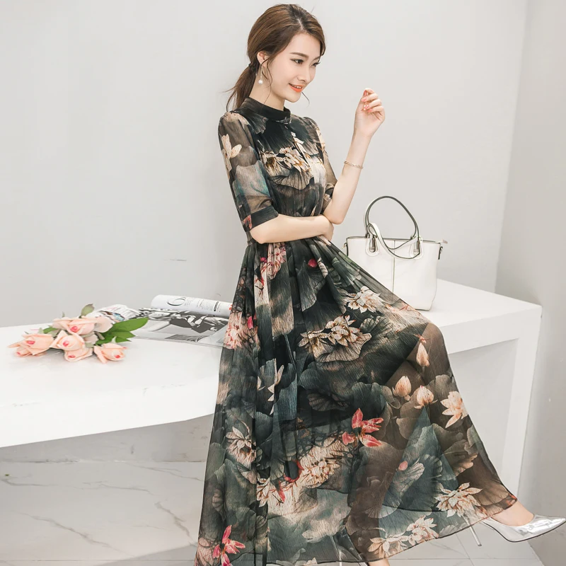 2020 Summer New Style Fashion Leisure Clothing Female Sweet Slim Collar Stamp Seven Sleeve Chiffon Dress | Женская одежда
