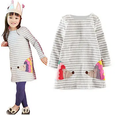 Stylish Kids Children Girls Clothes Dresses Birthday Gifts Party Long Sleeved Shirt A-line Striped Cotton Dress 2 3 4 5 6 7 Year