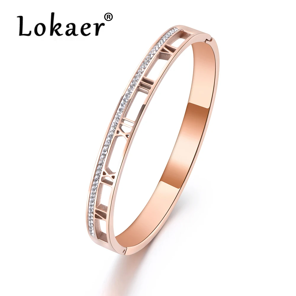 Lokaer Roman Numerals Stainless Steel Cuff Bracelet Jewelry For Women Rhinestone Lover Bracelets Bangles Valentine Gift B19004