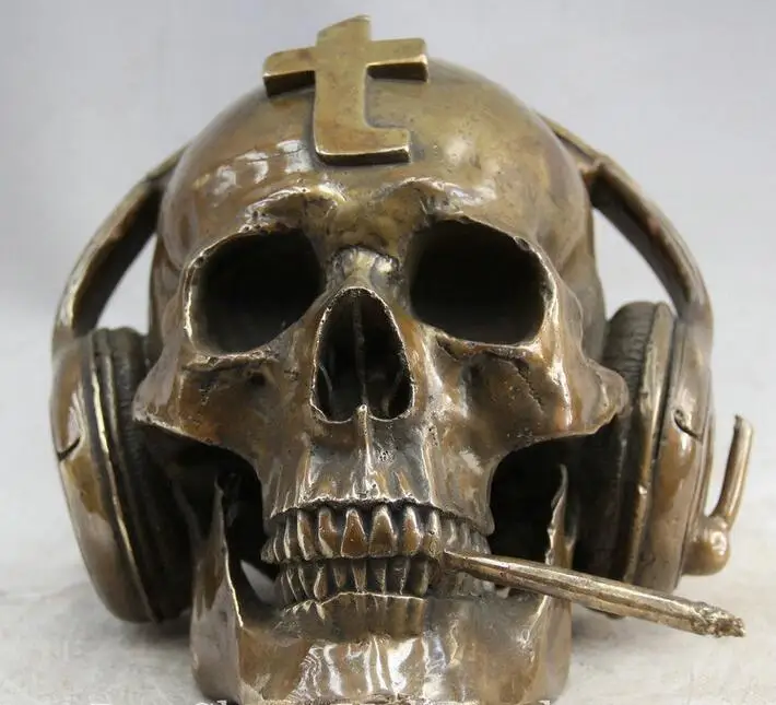 

10" ART Bronze Sculpture Smoke Cigarette Listen to the Headset Skull Head Statue