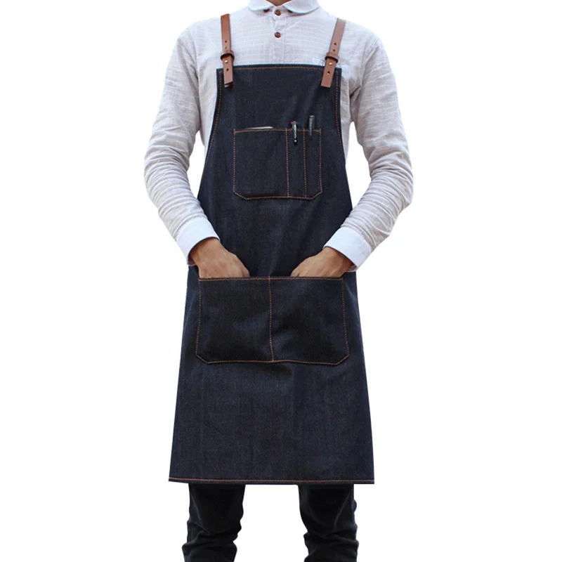 Women Sleeveless Apron Waitress Workwear Denim Chef Adjusted Straps