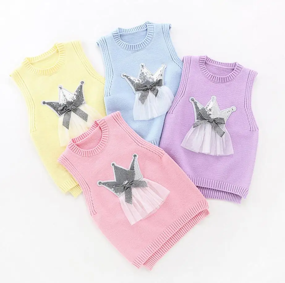 Sweet Baby Sweater Waistcoat Baby Girl Vest with Bling Crown Lace Infant Girl Outfit O Neck