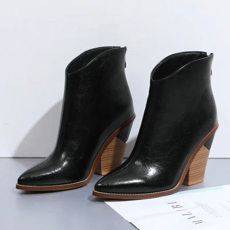 

2019 Fashion Ankle Boots Women Wedges High Heels Western Boots Pu Leather Pointed Toe Zipper Autumn Winter Woman Boots Shoes