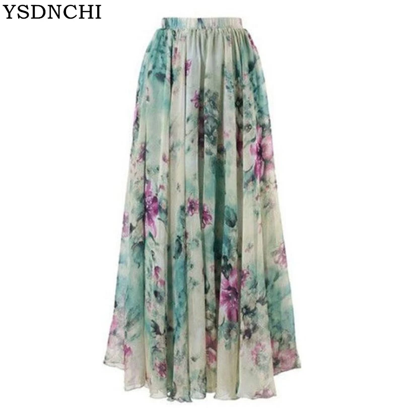 YSDNCHI летние модные элегантные богемные шифоновые юбки плиссированные с цветочным принтом эластичный пояс для женщин большой размер Длинная пляжная юбка макси