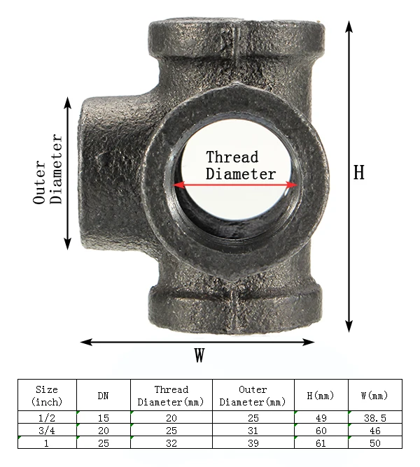 1/2 3/4 1 5 Way Pipe Fitting Malleable Iron Black Outlet Cross Female Tube Connector