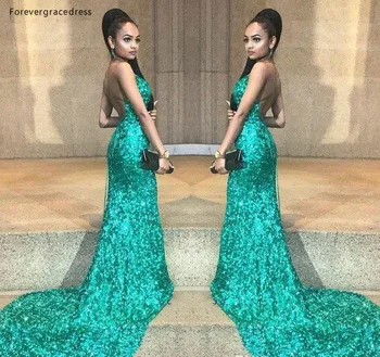 

2019 Cheap Green Sequined Prom Dress Mermaid Backless Pageant Holidays Wear Graduation Evening Party Gown Custom Made Plus Size