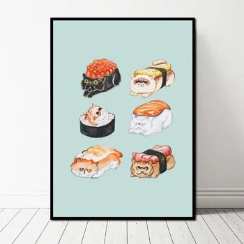 

Kawaii Japanese Sushi Creative Sushi Poster Cute Animals Panda Dog Cat Art Canvas Poster Wall Pictures for Living Room No Frame