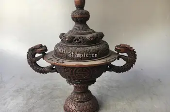 

11'' red copper carvings tibet buddhism auspicious animal dragon foo dogs censer