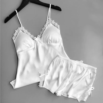 

Summer Sexy Lingerie Pajama Set Women Faux Satin Silk Spaghetti Strap Sleepwear Female Lace Pijama Pyjamas Home Wear Clothes