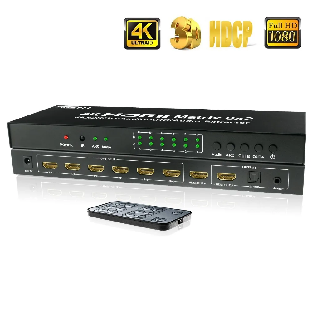 SGEYR HDMI Matrix 4x2 6x2 Switch Splitter 4 in/6 in 2 out with SPDIF+ 3.5MM audio Extractor 4Kx2K/30HZ with Remote control SGEYR HDMI Matrix 4x2 6x2 Switch Splitter 4 in/6 in 2 out with SPDIF+ 3.5MM audio Extractor 4Kx2K/30HZ with Remote control