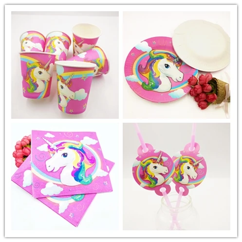 

50pcs/set Unicorn CartoonTheme Birthday Party Unicorn Plates Cup Straws Napkin Unicorn Tablecovers Birthday Party Decorations