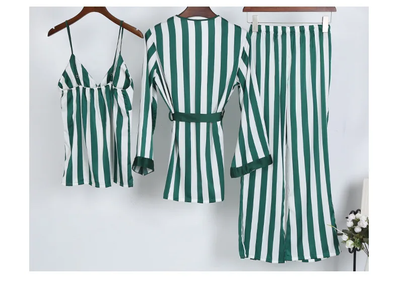 2018 Новинка весны для женщин пикантные пижамные наборы атласное с длинными рукавами полосатый пижамы 3 шт. чулок + брюки халат S Элегантный